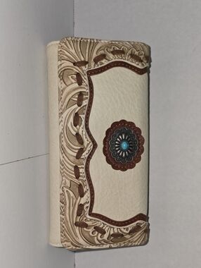 Cream and Brown Tooled Western Wallet with Turquoise Concho